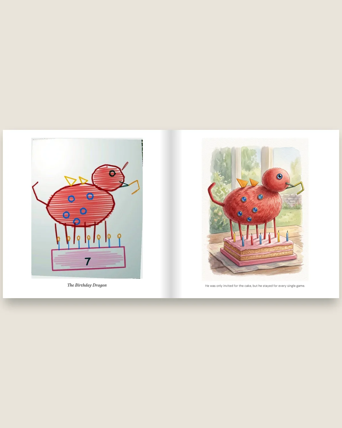 The book open at a spread: the child's birthday dragon on the left page, the same dragon painted on the right