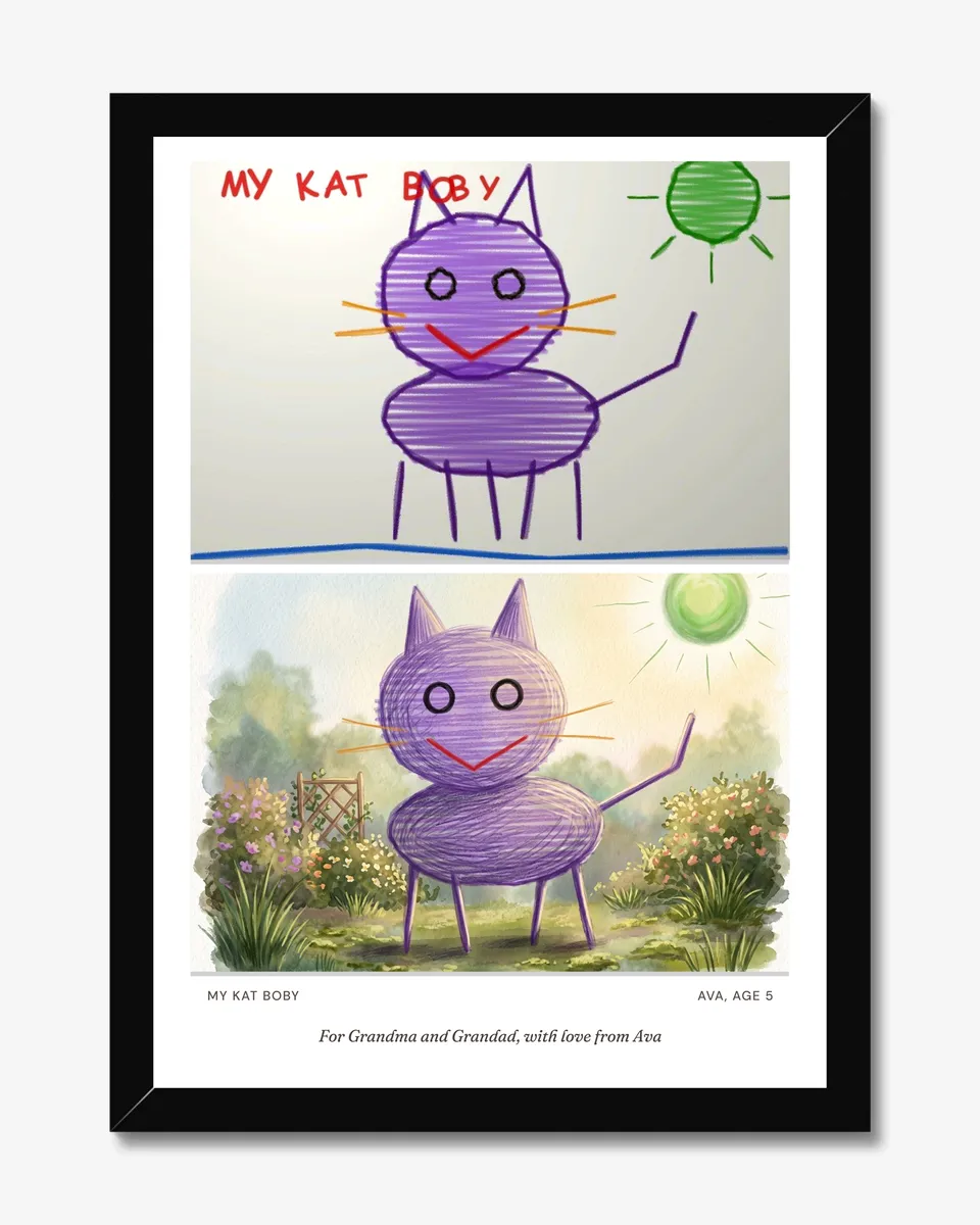 The framed print front-on with a dedication printed in italic beneath the title: For Grandma and Grandad, with love from Ava