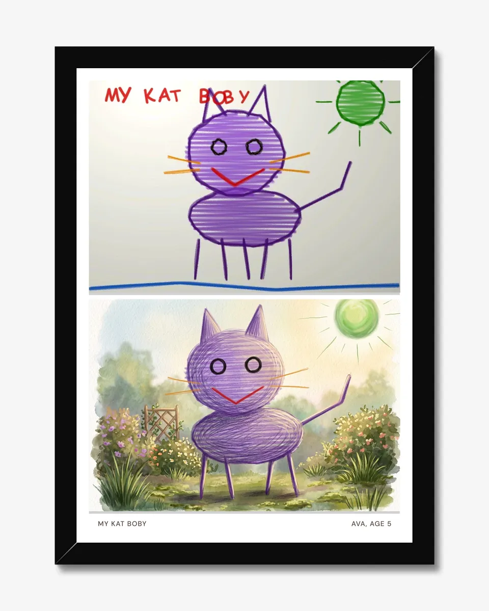 The framed A3 print front-on: the purple cat drawing above its storybook painting, with the title and name beneath
