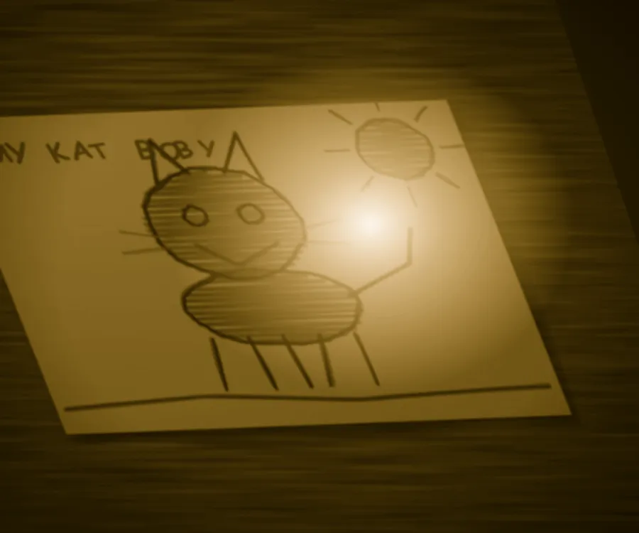 The same drawing photographed at a steep angle in dim yellow light with a flash glare and a corner cut off