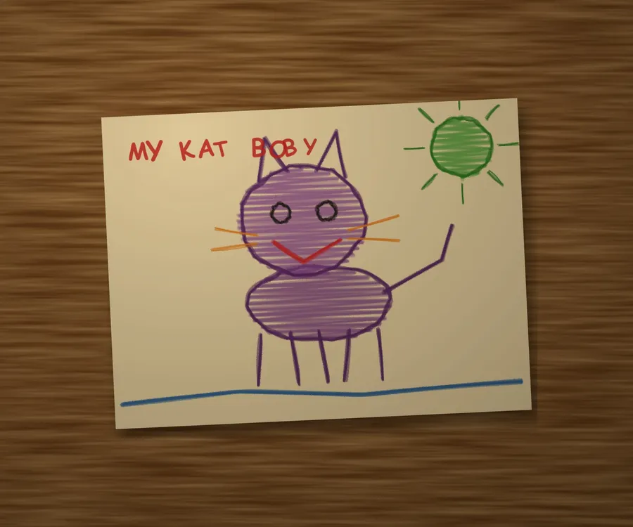 A drawing of a purple cat photographed flat from above in even daylight, the whole sheet in view